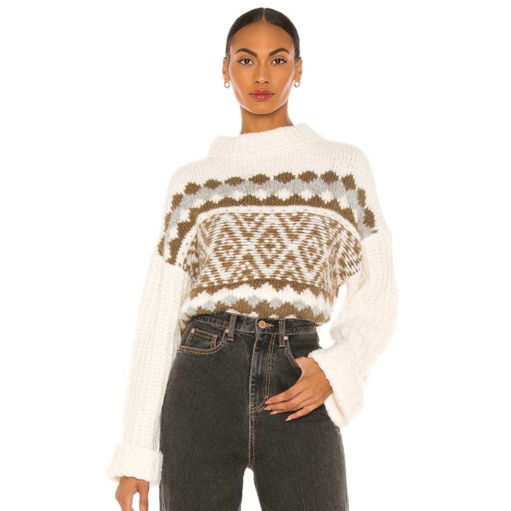 NEW Free People Alpine Crop Mock Neck Sweater Large Snowy Forrest Combo - Picture 2 of 7